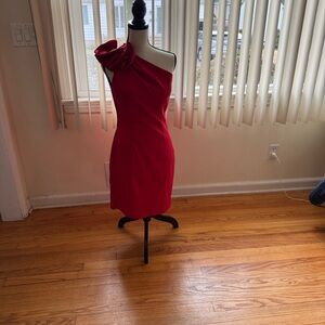 Jessica McClintock Red One-Shoulder Midi Dress with Rosette